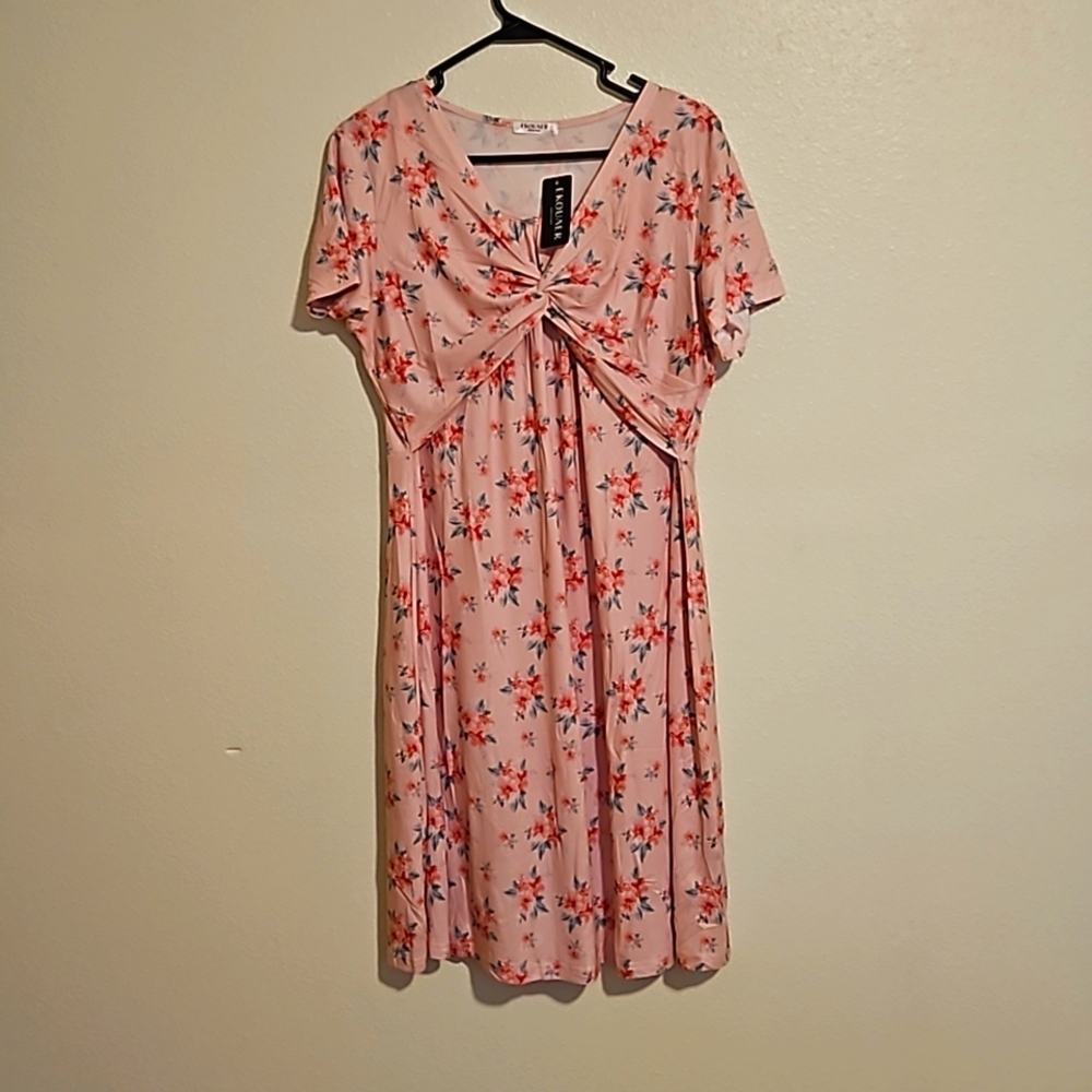 Ekouaer Gathered Front V Neck Floral summer dress NWT sz L